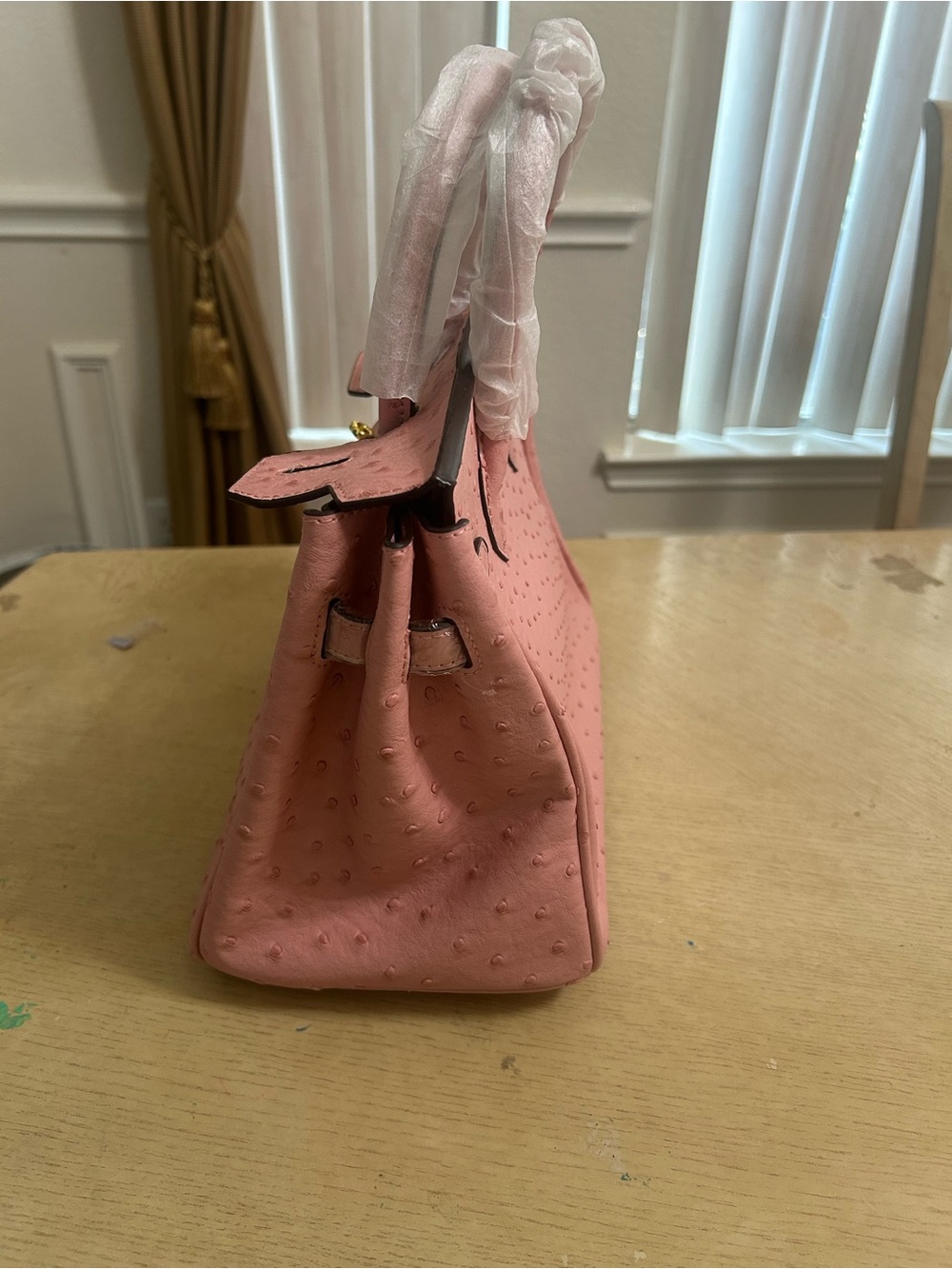 Pink Ostrich-Texture Top-Handle Bag UNBRANDED BIRKIN STYLE - Picture 3 of 8